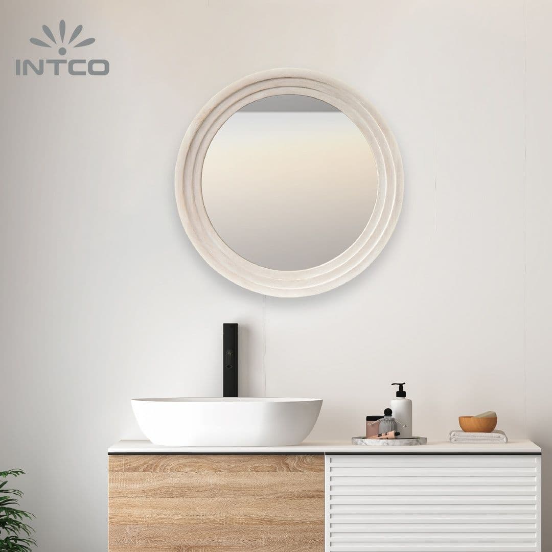 Washed White Round Wood Decorative Mirror for Wall