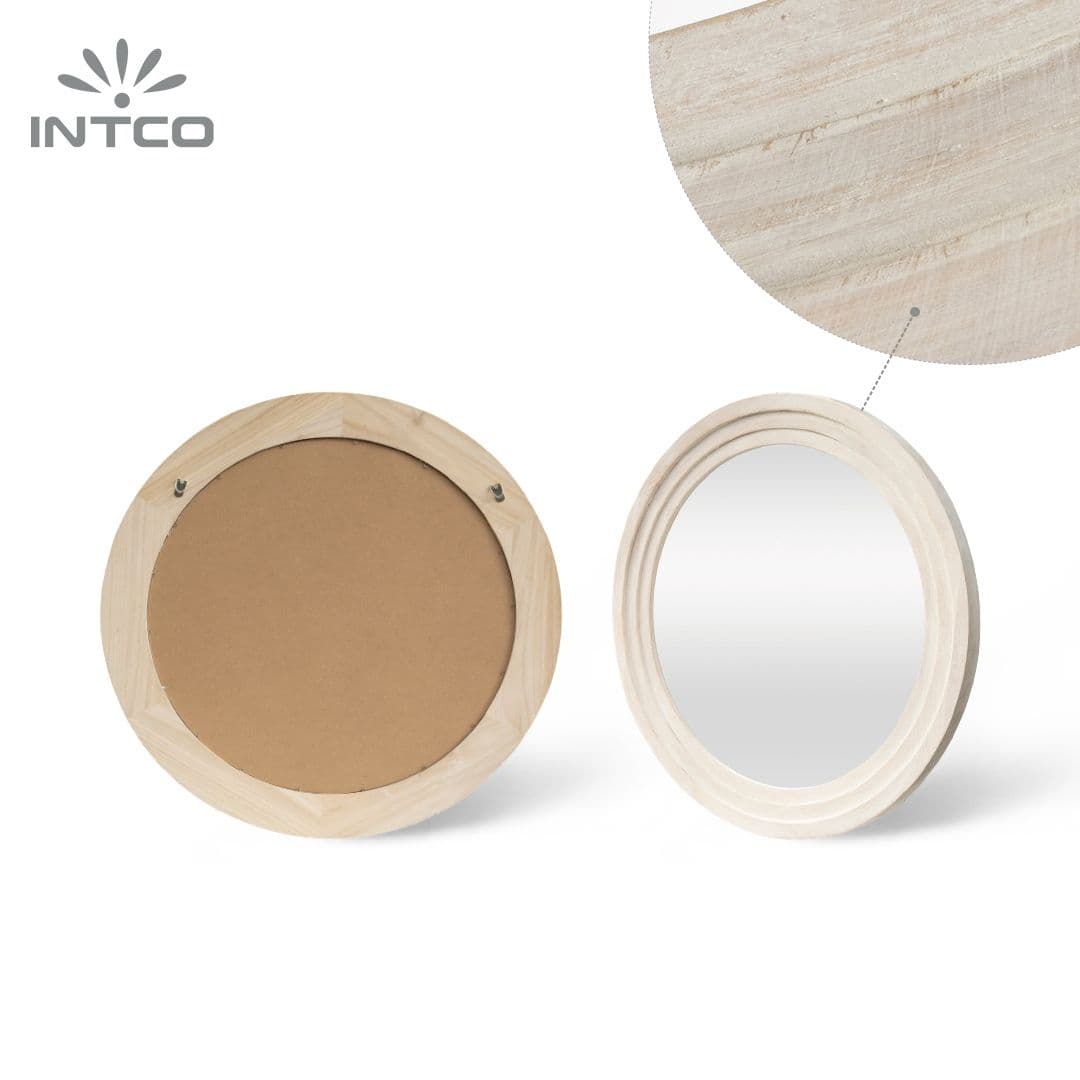 Washed White Round Wood Decorative Mirror for Wall 7