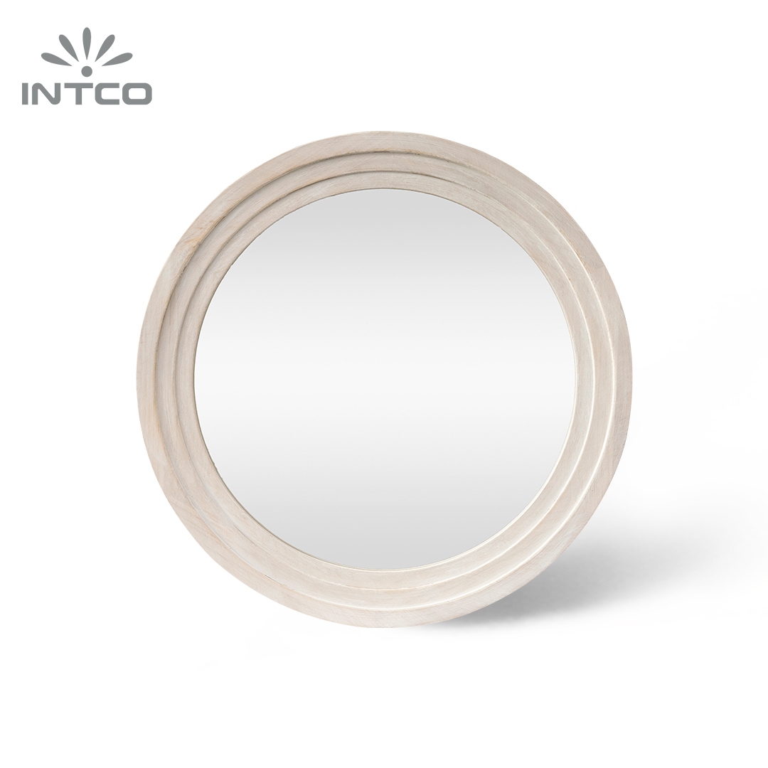 Washed White Round Wood Decorative Mirror for Wall