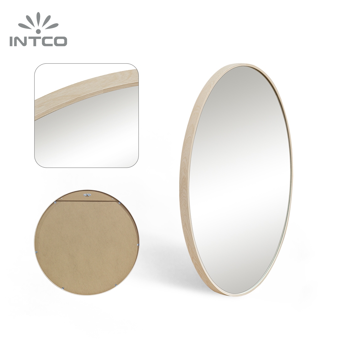 Aluminum Framed Round Wall Mirror with Wood Grain