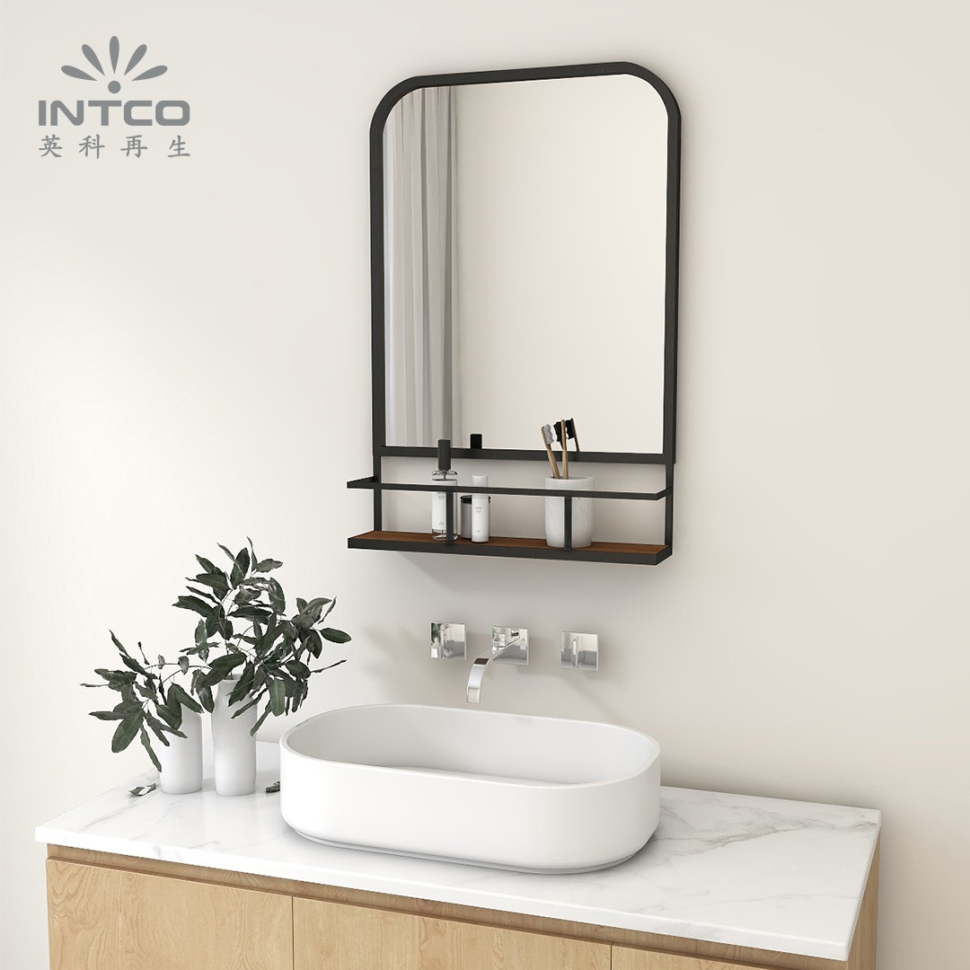 Modern Black Iron Bathroom Mirror with Shelf